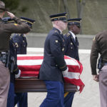 
              Members of the Utah Army National Guard carry the casket of former Utah Sen. Orrin Hatch's during funeral services at The Church of Jesus Christ of Latter-day Saints' Institute of Religion Friday, May 6, 2022, in Salt Lake City. Hatch, the longest-serving Republican senator in history and a fixture in Utah politics for more than four decades, died last month at the age of 88. (AP Photo/Rick Bowmer)
            