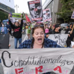 
              FILE - Demonstrators march down the streets after protesting outside of the U.S. Courthouse in response to a leaked draft of the Supreme Court's opinion to overturn Roe v. Wade, in Los Angeles, March 3, 2022. (AP Photo/Ringo H.W. Chiu, File)
            
