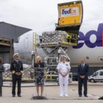 
              First lady Jill Biden, center, speaks next to from left, Gina Adams, Corporate Vice President for Government and Regulatory Affairs at FedEx, U.S. Surgeon General Dr. Vivek Murthy, left, Vice Admiral Dee Mewbourne, Deputy Commander of the U.S. Transportation Command, and Tarun Malkani, President & CEO at Gerber, after a Fedex Express cargo plane carrying 100,000 pounds of baby formula arrived at Washington Dulles International Airport, Wednesday, May 25, 2022, in Chantilly, Va. (AP Photo/Jacquelyn Martin)
            