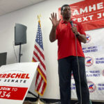 
              Georgia Republican Senate candidate Herschel Walker speaks at Muscogee County GOP headquarters on Saturday, May 21, 2022, in Columbus, Ga. Walker defended his work for Patriot Support, a mental health outreach program for military members.  (AP Photo/Jeff Amy)
            