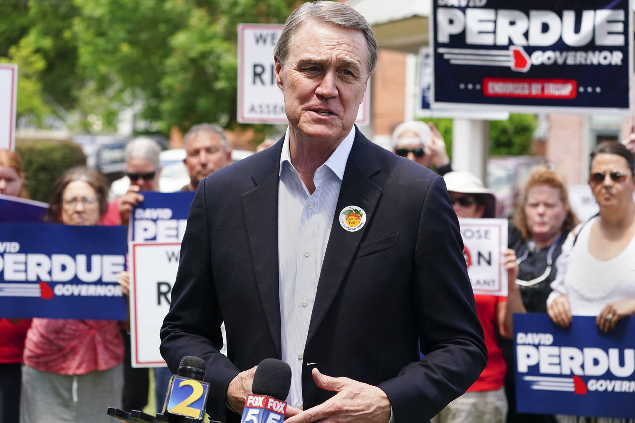 FILE - Republican candidate for Georgia Governor former U.S. Senator David Perdue speaks Tuesday, M...