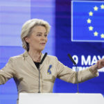 
              President of the European Commission, Ursula Von der Leyen, gestures as she delivers a speech during the Conference on the Future of Europe, in Strasbourg, eastern France, Monday, May 9, 2022. Macron traveled to Strasbourg on Monday as the final report on the Conference of Europe was set to be presented by EU institutions leaders. France currently holds the six-month rotating presidency of the Council of the EU. (AP Photo/Jean-Francois Badias)
            
