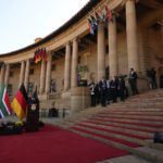 
              German Chancellor Olaf Scholz, left, speaks during a joint press conference with South Africa President Cyril Ramaphosa at the Union Building in Pretoria, South Africa, Tuesday, May 24, 2022. (AP Photo/Themba Hadebe)
            