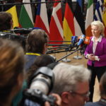 
              Ursula von der Leyen, President of the European Commission, speaks to media prior the extraordinary meeting of EU leaders to discuss Ukraine, energy and food security at the Europa building in Brussels, Monday, May 30, 2022. European Union leaders will gather Monday in a fresh show of solidarity with Ukraine but divisions over whether to target Russian oil in a new series of sanctions are exposing the limits of how far the bloc can go to help the war-torn country. (AP Photo/Geert Vanden Wijngaert)
            