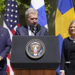 
              Finnish President Sauli Niinisto speaks, with President Joe Biden and Swedish Prime Minister Magdalena Andersson, in the Rose Garden of the White House in Washington, Thursday, May 19, 2022. (AP Photo/Andrew Harnik)
            