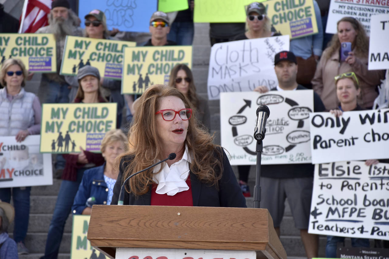 FILE - Superintendent of Public Instruction Elsie Arntzen speaks at a rally opposing mask requireme...