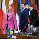 
              Anniken Huitfeldt, Foreign Minister of Norway, left, and Antony Blinken, Secretary of State of the United States,, 2nd right, arrive for the first session at the meeting of Nato foreign ministers in Berlin, Germany, Sunday, May 15, 2022. The main topic of the informal consultations of the NATO foreign ministers is the war in Ukraine. (Bernd von Jutrczenka/AP via Pool)
            