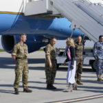 
              First lady Jill Biden is greeted as she arrives at the Mihail Kogalniceanu Air Base in Romania, Friday, May 6, 2022. (AP Photo/Susan Walsh, Pool)
            