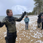 
              Colin West, founder and executive director of Clean Up the Lake, speaks with reporters at the end of the year-long Lake Tahoe cleanup in Stateline, Nev., Tuesday, May 10, 2022. They found no trace of a mythical sea monster, no sign of mobsters in concrete shoes or long-lost treasure chests. But scuba divers who spent the past year cleaning up Lake Tahoe's entire 72-mile (115-kilometer) shoreline have come away with what they hope will prove much more valuable: tons and tons of trash. (AP Photo/Haven Daley)
            