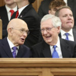 
              President Dallin H. Oaks, left, first counselor in the First Presidency of The Church of Jesus Christ of Latter-day Saints, talks with Senate Minority Leader Mitch McConnell, R-Ky., before the start of former Sen. Orrin Hatch's funeral at The Church of Jesus Christ of Latter-day Saints Institute of Religion adjacent to the University of Utah in Salt Lake City, Friday, May 6, 2022. (Kristin Murphy/The Deseret News via AP, Pool)
            