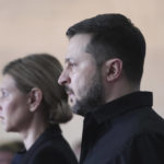 
              President of Ukraine Volodymyr Zelenskyy and his wife Olena Zelenska attend the funeral of Leonid Kravchuk, independent Ukraine's first president, at the International Convention Center Ukrainian House, in Kyiv, Ukraine, Tuesday, May 17, 2022. Kravchuk led Ukraine to independence amid the collapse of the Soviet Union and served as its first president. He died on May 10 at the age of 88. (AP Photo/Evgeniy Maloletka)
            