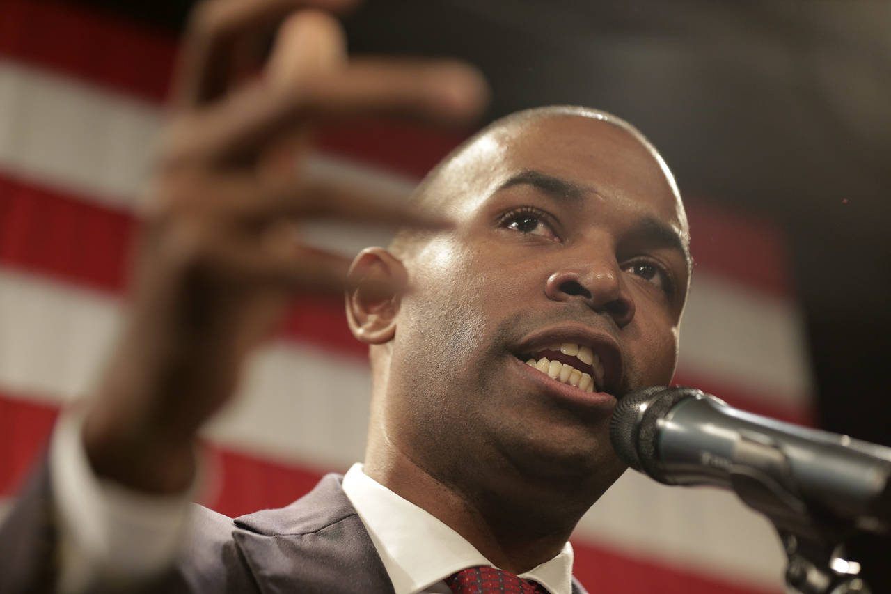 FILE - Democrat Antonio Delgado speaks at a democratic watch party in Kingston, N.Y., Tuesday, Nov....