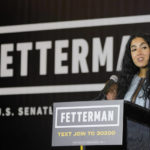 
              Gisele Barreto Fetterman, the wife of Pennsylvania Lt. Gov. John Fetterman, who is running for the Democratic nomination for the U.S. Senate for Pennsylvania, speaks to supporters after the race was called for Fetterman in Imperial, Pa., Tuesday, May 17, 2022. (AP Photo/Gene J. Puskar)
            