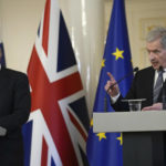 
              British Prime Minister Boris Johnson, left, and Finland's President Sauli Niinisto meet the media at the Presidential Palace in Helsinki, Finland, Wednesday, May 11, 2022. Britain has signed a security assurance with Sweden and its neighbor Finland, both pondering whether to join NATO following Russia's invasion of Ukraine, pledging to "bolster military ties" in the event of a crisis and support both countries should they come under attack. (AP Photo/Frank Augstein, Pool)
            