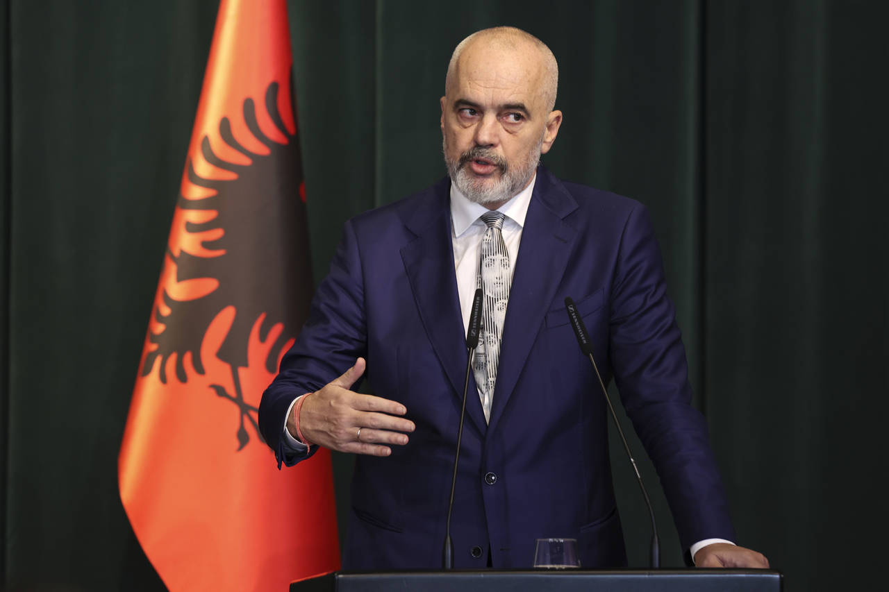 FILE - Albania's Prime Minister Edi Rama speaks during a press conference after a meeting with his ...