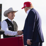 
              FILE - Nebraska Republican gubernatorial candidate Charles Herbster, left, shakes hands with former President Donald Trump during a campaign rally for Herbster, May 1, 2022, in Greenwood, Neb. In Nebraska's Republican primary for governor, Trump has endorsed Herbster, a wealthy agribusinessman and cattle breeder who has positioned himself as a political outsider. (Kenneth Ferriera/Lincoln Journal Star via AP, File)
            