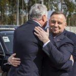 
              Lithuanian President Gitanas Nauseda, left, welcomes Polish President Andrzej Duda for the official inauguration of the Gas Interconnection Poland–Lithuania (GIPL) gas pipeline in Jauniunai, near Vilnius, Lithuania, Thursday, May 5, 2022. A 500-million-euro ($530 million) Lithuanian-Polish natural gas transmission pipeline was inaugurated Thursday, completing another stage of regional independence from Russian energy sources. (AP Photo/Mindaugas Kulbis)
            