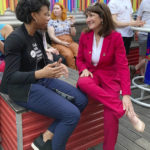 
              Rep. Marie Newman, right, D-Ill., speaks with supporter Chakena Perry at a campaign fundraiser on May 9, 2022, in Chicago. The first-term Democrat is among the women members of the U.S. House whose reelection bid grew more difficult due to the drawing of new congressional boundaries, known as redistricting. (AP Photo/Sara Burnett)
            