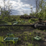 
              A destroyed tank near the village of Malaya Rohan, Kharkiv region, Ukraine, Monday, May 16, 2022. (AP Photo/Bernat Armangue)
            