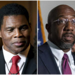 
              This combination of two separate photos shows Herschel Walker in Atlanta, May 24, 2022, left, and Sen. Raphael Warnock, D-Ga., in Washington, Jan. 18, 2022, right. Walker will represent the Republican Party in its efforts to unseat Warnock in the November 2022 election. (AP Photo)
            