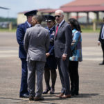 
              President Joe Biden greets from left, Montgomery Mayor Steven Reed, Lt. Gen. James Hecker, Commander and President, Air University at Maxwell Air Force Base and Col. Eries L.G. Mentzer, Commander, 42nd Air Base Wing, as he arrives at Maxwell Air Force Base, Ala., Tuesday, May 3, 2022, on his way to visit the Lockheed Martin Pike County Operations facility where they manufacture Javelin anti-tank missiles in Troy, Ala. (AP Photo/Evan Vucci)
            