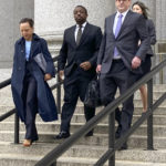 
              Former New York Lt. Gov. Brian Benjamin, center, leaves federal court, Thursday, May 12, 2022, in New York. A January trial date has been set for former New York Lt. Gov. Brian Benjamin to face charges that he traded his clout as a state senator for campaign contributions. (AP Photo/Larry Neumeister)
            