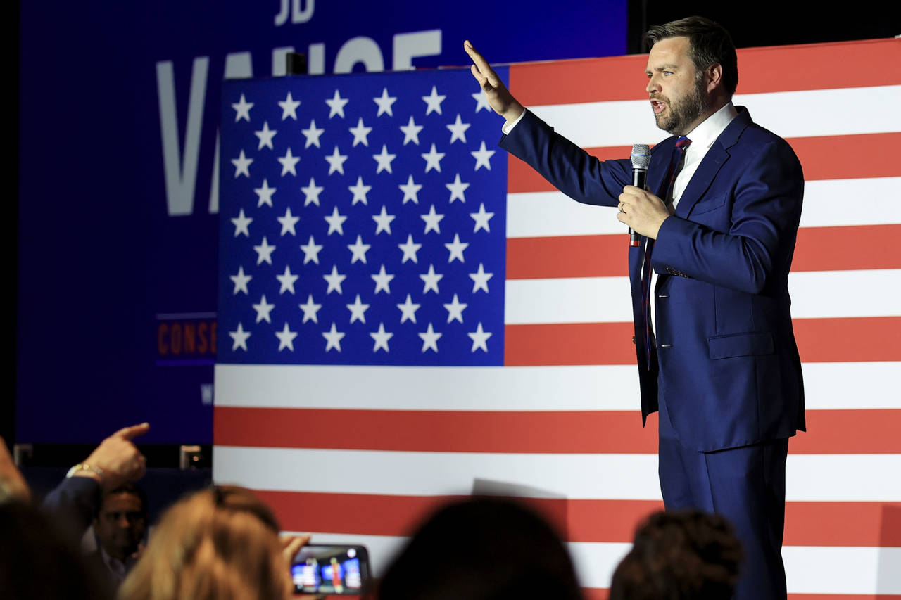Republican Senate candidate JD Vance speaks to his supporters during an election night watch party,...