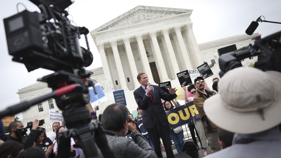 Sen. Richard Blumenthal (D-CT) speaks to pro-life activists in front of the U.S. Supreme Court Buil...