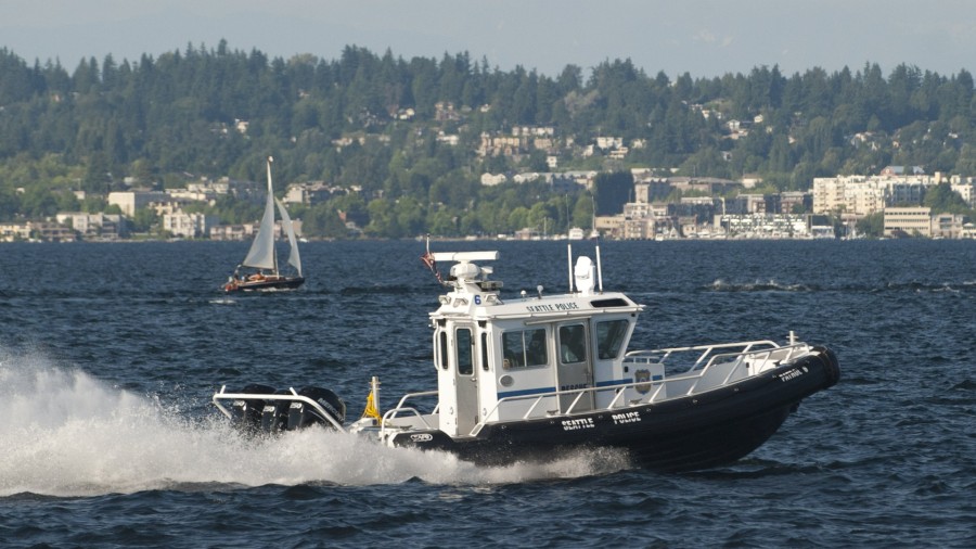 A Seattle Police boat patrols on Lake Washington in Seattle, Washington. (SAUL LOEB/AFP/GettyImages...