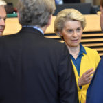 
              European Commission President Ursula von der Leyen, second right, speaks with from left, European Commissioner for Justice Didier Reynders, European Commissioner for Internal Market Thierry Breton and European Commissioner for Neighborhood and Enlargement Oliver Varhelyi during a meeting of the College of Commissioners at EU headquarters in Brussels, Friday, June 17, 2022. Ukraine's request to join the European Union may advance Friday with a recommendation from the EU's executive arm that the war-torn country deserves to become a candidate for membership in the 27-nation bloc. (AP Photo/Geert Vanden Wijngaert)
            