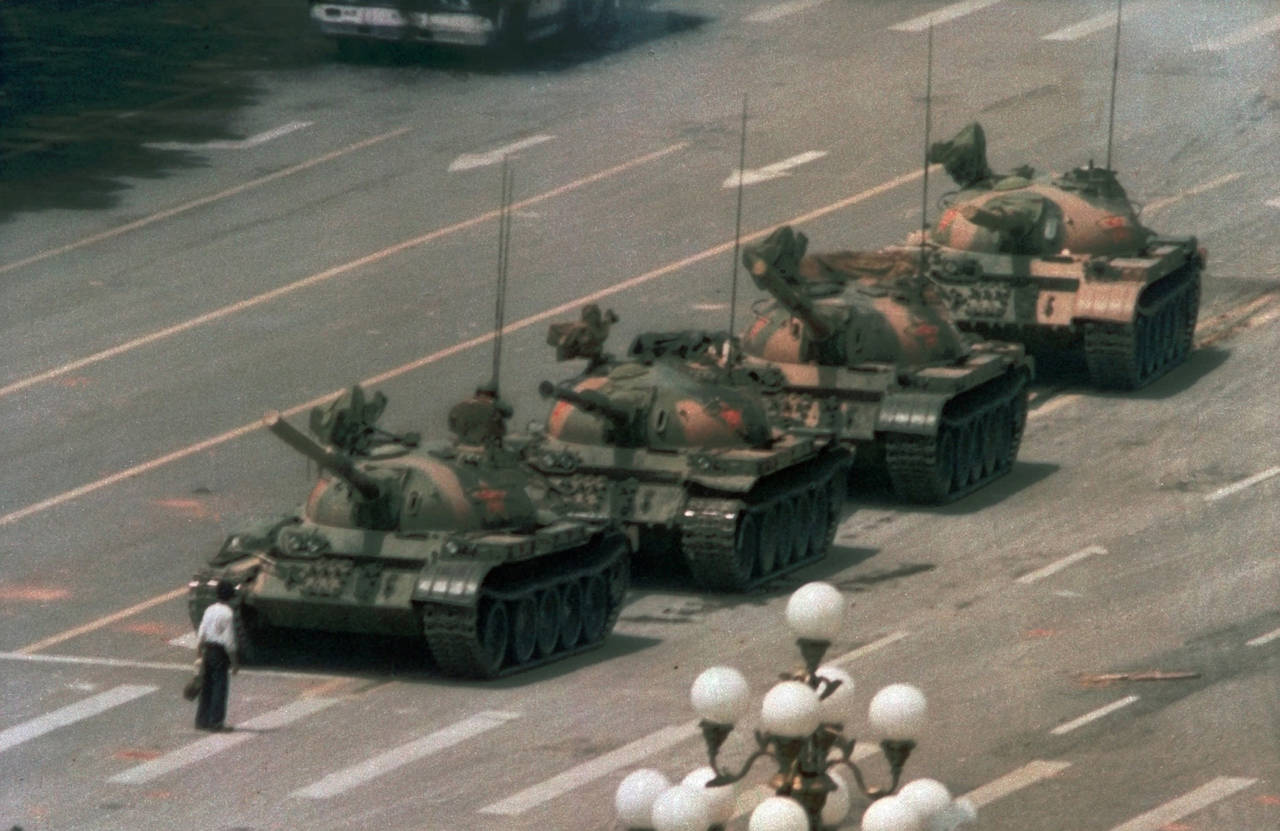 FILE - In this June 5, 1989, file photo, a Chinese man stands alone to block a line of tanks headin...