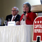 
              Republican Tara Sweeney, right, speaks Monday, May 16, 2022, at a forum in Juneau, Alaska, that was also attended by three other Republican candidates for Alaska's U.S. House seat, including John Coghill, left. Sweeney and Coghill are among 48 candidates in a June 11 special primary for the House seat left vacant by the death earlier this year of Republican Rep. Don Young. (AP Photo/Becky Bohrer)
            