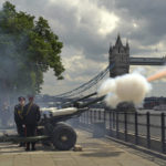 
              The Honourable Artillery Company fires the Royal Gun Salute at Tower Bridge, London, Thursday June 2, 2022, to mark the start of the Platinum Jubilee celebratory weekend. (Joe Cook/PA via AP)
            