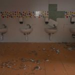 
              Damages seen in the bathroom of a kindergarten in the aftermath of Russian missile strikes fired toward Kyiv early Sunday, where a crater pocked the courtyard, in Kyiv, Ukraine, Monday, June 27, 2022. (AP Photo/Nariman El-Mofty)
            