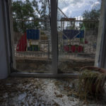 
              Damages seen in the classroom of a kindergarten in the aftermath of Russian missile strikes fired toward Kyiv early Sunday, where a crater pocked the courtyard, in Kyiv, Ukraine, Monday, June 27, 2022. (AP Photo/Nariman El-Mofty)
            