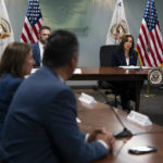 
              Vice President Kamala Harris, second from right, speaks during a roundtable discussion with faith leaders in Los Angeles, Monday, June 6, 2022. Harris discussed challenges, including women's reproductive rights and the rise of hate. (AP Photo/Jae C. Hong)
            