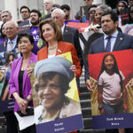 
              House Speaker Nancy Pelosi of Calif., and other lawmakers, talk about the gun violence bill at the Capitol in Washington, Friday, June 24, 2022. At left is Rep. Judy Chu, D-Calif., and at right is Rep. Jimmy Gomez, D-Calif. (AP Photo/J. Scott Applewhite)
            