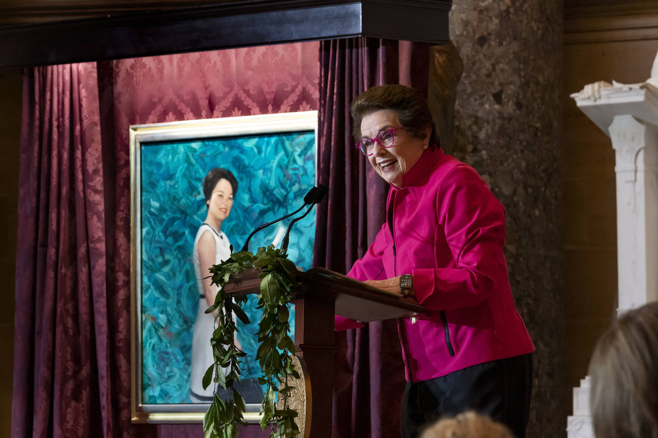 Billy Jean King, tennis icon and gender equality advocate, speaks after helping unveil a portrait o...