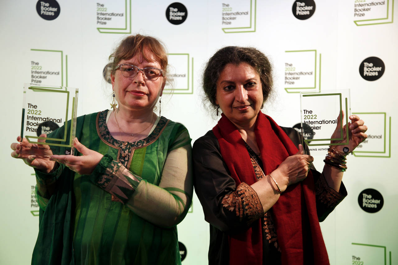 Author Geetanjali Shree, right, and translator Daisy Rockwell pose with the 2022 International Book...