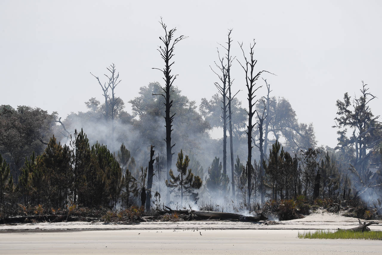 Smoke rises from the burned landscape at the north end of St. Catherine's Island on Wednesday, June...