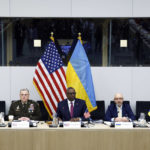 
              From left, U.S. Assistant Secretary of Defense for International Security Affairs Celeste A. Wallander, U.S. Chairman of the Joint Chiefs of Staff, General Mark Milley, U.S. Defense Secretary Lloyd Austin, Ukraine's Defense Minister Oleksii Reznikov and Ukrainian Lieutenant General Levgen Moisuk attend the Ukraine Defense Contact group meeting ahead of a NATO defense ministers' meeting at NATO headquarters in Brussels, Wednesday, June 15, 2022. NATO defense ministers, attending a two-day meeting starting Wednesday, will discuss beefing up weapons supplies to Ukraine, and Sweden and Finland's applications to join the transatlantic military alliance. (Yves Herman, Pool Photo via AP)
            