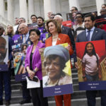 
              From left, Rep. Veronica Escobar, D-Texas, Rep. Judy Chu, D-Calif., House Speaker Nancy Pelosi of Calif., Rep. Jimmy Gomez, D-Calif., and Rep. Carolyn Maloney, D-N.Y., attend an event on the steps of the U.S. Capitol about gun violence Friday, June 24, 2022. (AP Photo/J. Scott Applewhite)
            