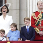 
              Kate, Duchess of Cambridge, Prince Louis, Princess Charlotte, Prince George, and Prince William watch from the balcony of Buckingham Place after the Trooping the Color ceremony in London, Thursday, June 2, 2022, on the first of four days of celebrations to mark the Platinum Jubilee. The events over a long holiday weekend in the U.K. are meant to celebrate the monarch's 70 years of service.(Aaron Chown/Pool Photo via AP)
            