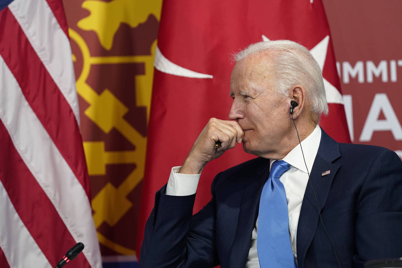 President Joe Biden listens during his meeting with Turkey's President Recep Tayyip Erdogan during ...