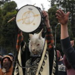 
              A protester dressed as a llama, takes part in a rally showing support for the recent protests and national strike against the government of President Guillermo Lasso, near the National Assembly, in Quito, Ecuador, Saturday, June 25, 2022. Ecuador’s president charged Friday that the Indigenous leader heading the nationwide strike is seeking to stage a coup and warned he will use all legal tools to contain the violence unleashed by the demonstrations. (AP Photo/Dolores Ochoa)
            