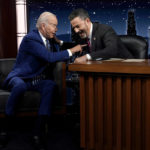 
              President Joe Biden speaks with host Jimmy Kimmel during a commercial break during the taping of Jimmy Kimmel Live!, Wednesday, June 8, 2022, in Los Angeles prior to attending the Summit of the Americas. (AP Photo/Evan Vucci)
            