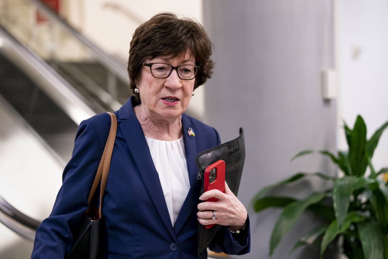 FILE - Sen. Susan Collins, R-Maine, speaks to reporters on Wednesday, May 4, 2022, amid the fallout...