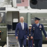 
              President Joe Biden walks toward Air Force One with Colonel Matthew Jones, Commander, 89th Airlift Wing, at Andrews Air Force Base, Md., Tuesday, June 14, 2022. Biden is traveling to Philadelphia to speak at the AFL-CIO convention on how he's trying to make the economy work for working-class Americans. (AP Photo/Susan Walsh)
            