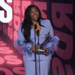 
              Jazmine Sullivan accepts the award for best female R&B/pop artist at the BET Awards on Sunday, June 26, 2022, at the Microsoft Theater in Los Angeles. (AP Photo/Chris Pizzello)
            