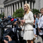 
              Sigrid McCawley, center, attorney for Annie Farmer, right, speaks to members of the media outside federal court, Tuesday, June 28, 2022, in New York. (AP Photo/John Minchillo)
            